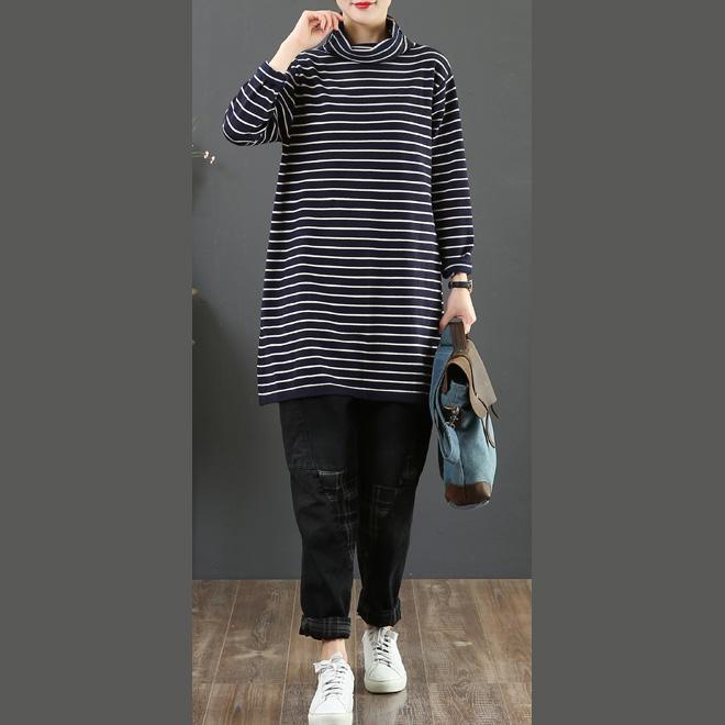 Cozy navy striped knit blouse  high neck trendy plus size wild knitwear - Omychic