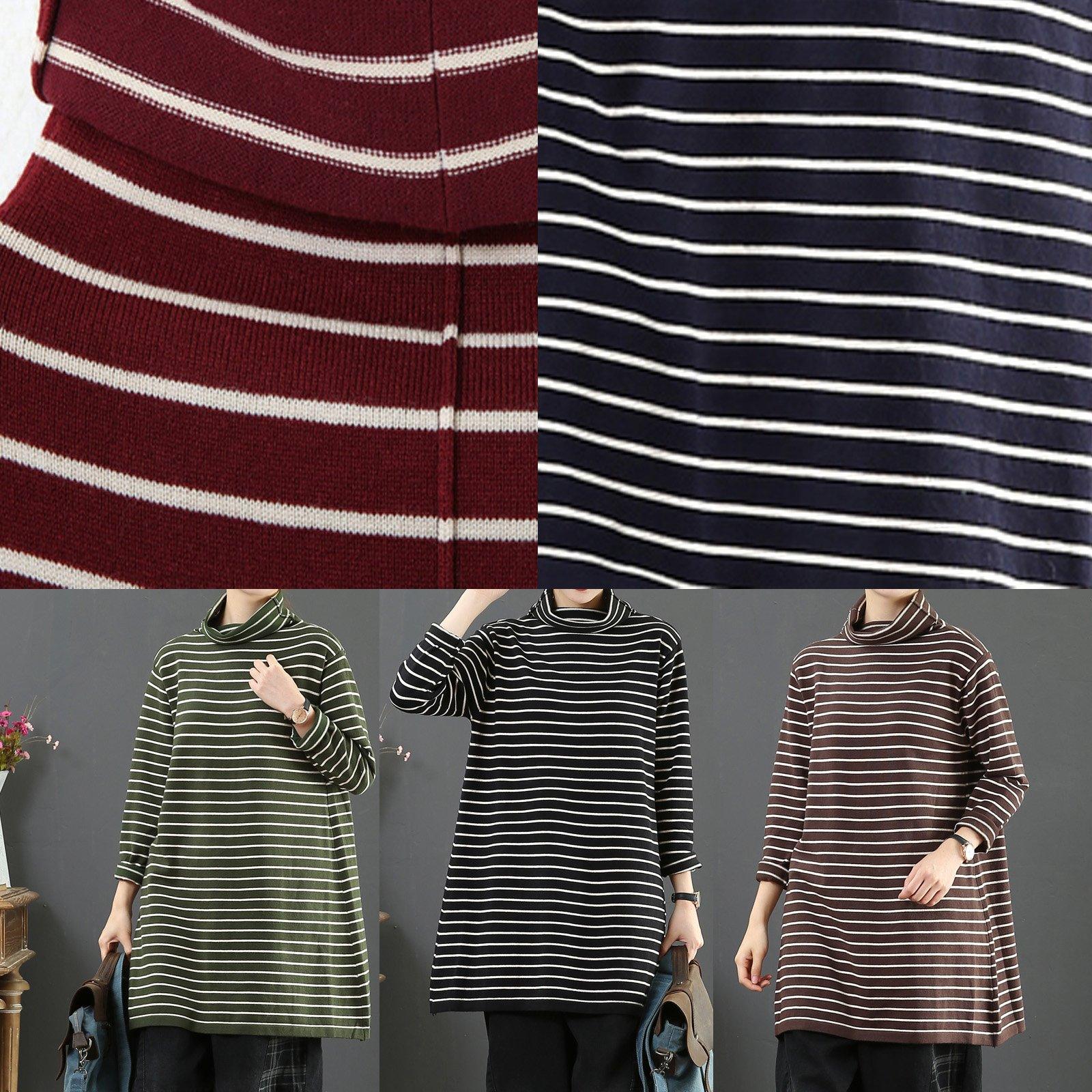 Cozy navy striped knit blouse  high neck trendy plus size wild knitwear - Omychic