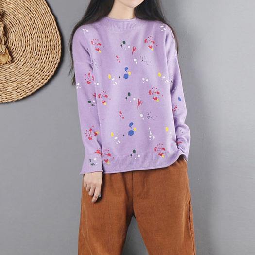 Cozy o neck light purple knit sweat tops Loose fitting long sleeve khitted clothes - Omychic