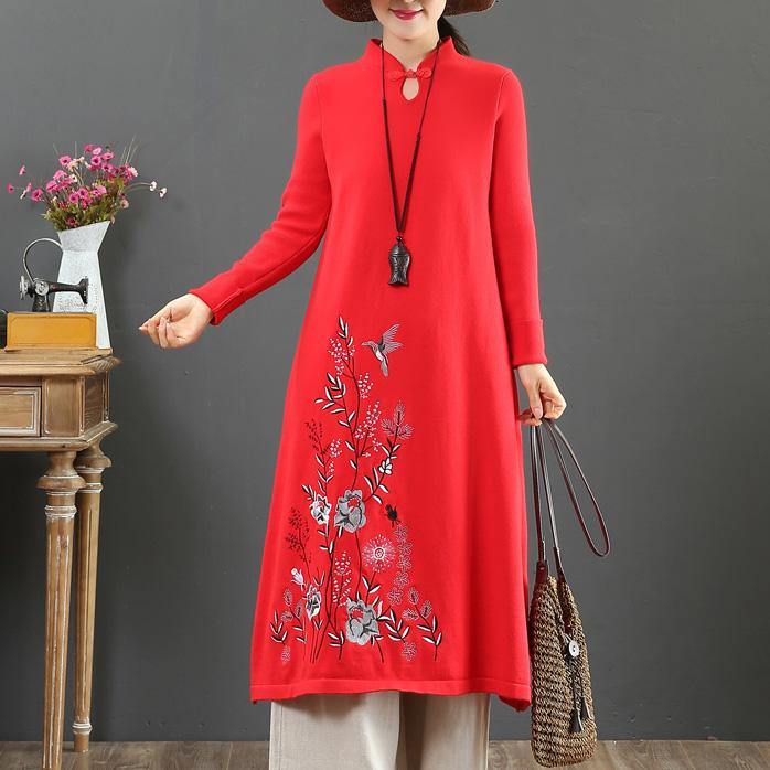 Cozy stand collar Sweater embroidery dress outfit Upcycle red Tejidos knit dress - Omychic