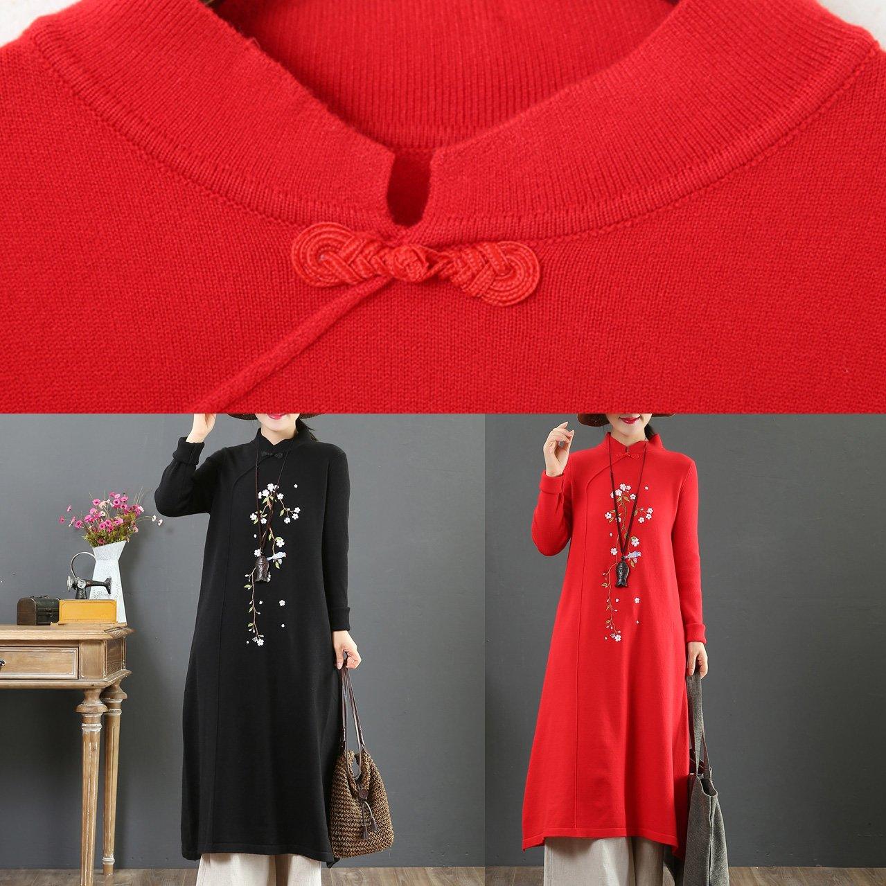 Cozy stand collar Sweater embroidery knit top pattern DIY red oversized knitted tops - Omychic