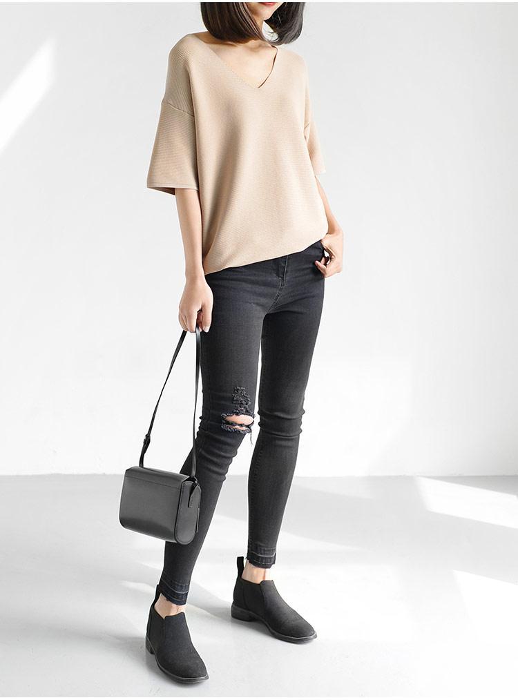 Cream V neck knit causal blouse tops oversize woman shirt - Omychic