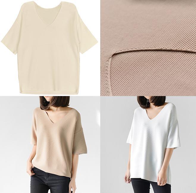 Cream V neck knit causal blouse tops oversize woman shirt - Omychic