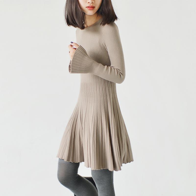 Cream pleated knit tunic dresses tunic elastic knit dress - Omychic