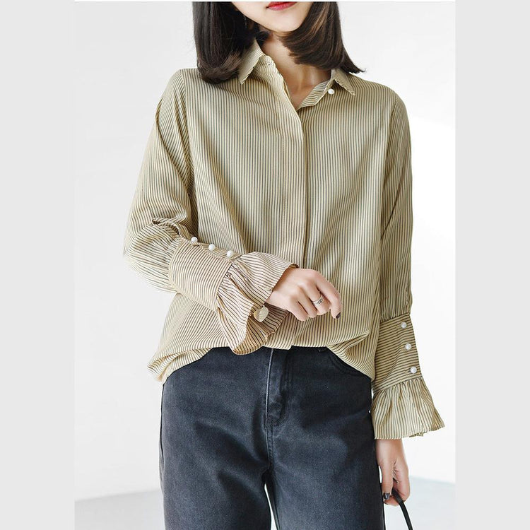Cream strip women shirts causal tops long sleeve buttons trumpet sleeve - Omychic