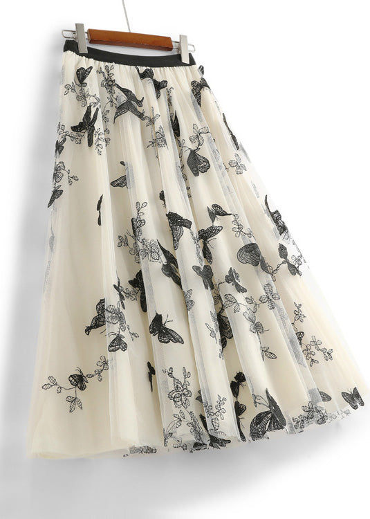 Cute Apricot Butterfly Embroideried Elastic Waist Tulle A Line Skirts Spring