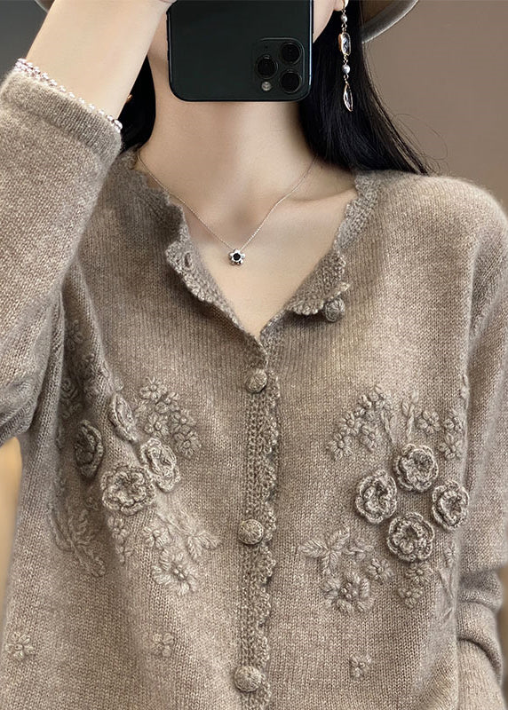 Cute Apricot Rose Floral Button Cashmere Knit Cardigans Long Sleeve