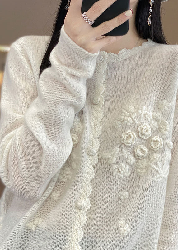 Cute Apricot Rose Floral Button Cashmere Knit Cardigans Long Sleeve