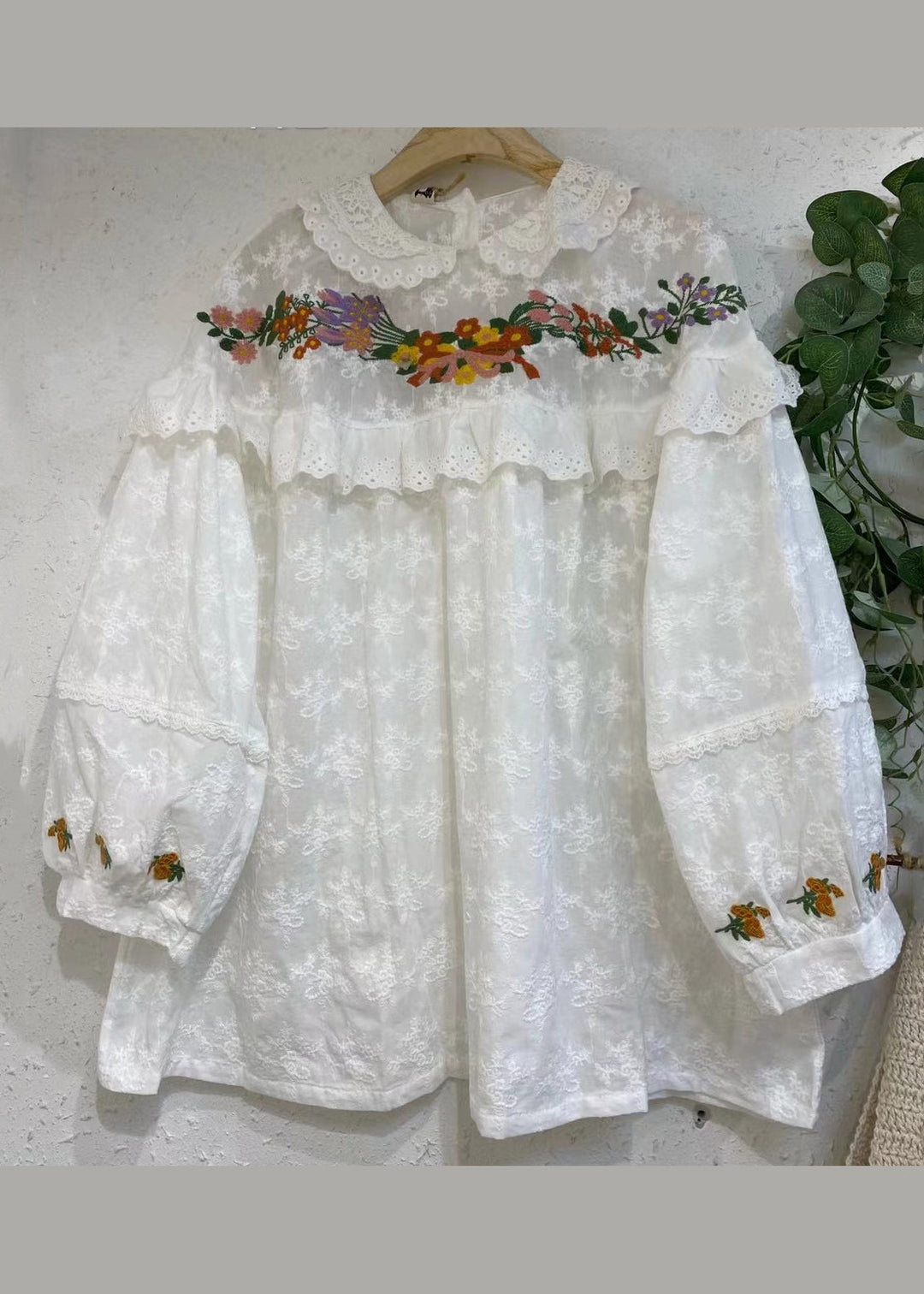 Cute Beige Embroideried Ruffled Patchwork Cotton Shirt Long Sleeve