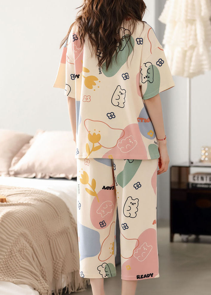 Cute Beige O-Neck Print Cotton Pajamas Two Piece Summer