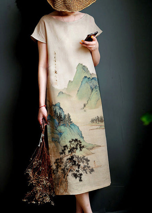 Cute Beige O-Neck Print Side Open Long Dress Linen Summer