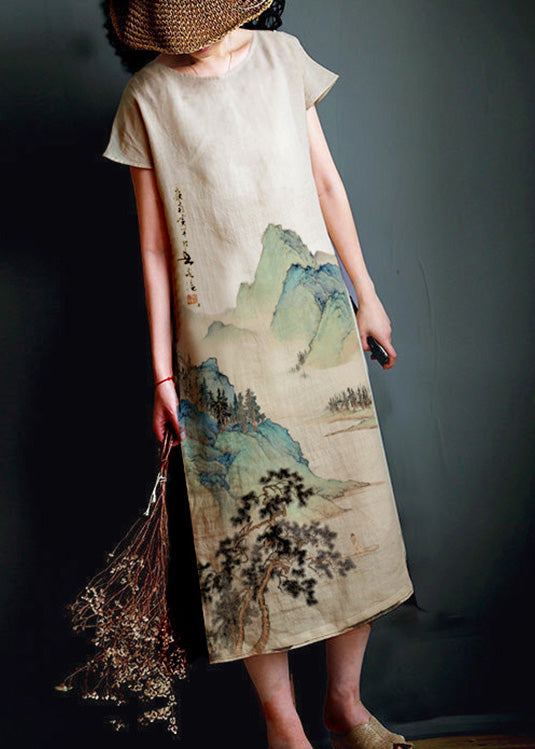 Cute Beige O-Neck Print Side Open Long Dress Linen Summer