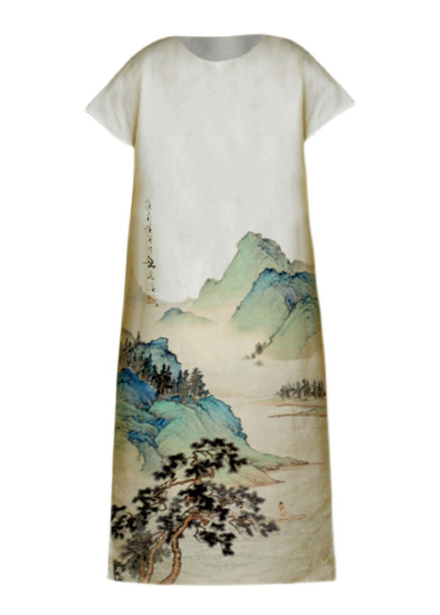 Cute Beige O-Neck Print Side Open Long Dress Linen Summer