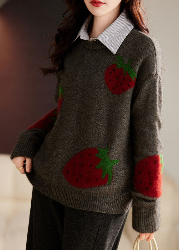 Cute Beige Strawberry Print Cozy Cotton Knit Sweater Long Sleeve