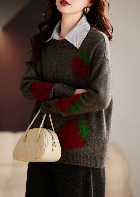 Cute Beige Strawberry Print Cozy Cotton Knit Sweater Long Sleeve