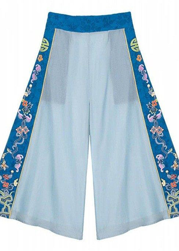 Cute Blue Embroideried Elastic Waist Pockets Cotton Crop Pants Summer