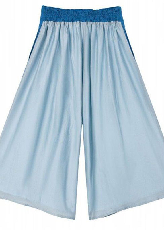 Cute Blue Embroideried Elastic Waist Pockets Cotton Crop Pants Summer