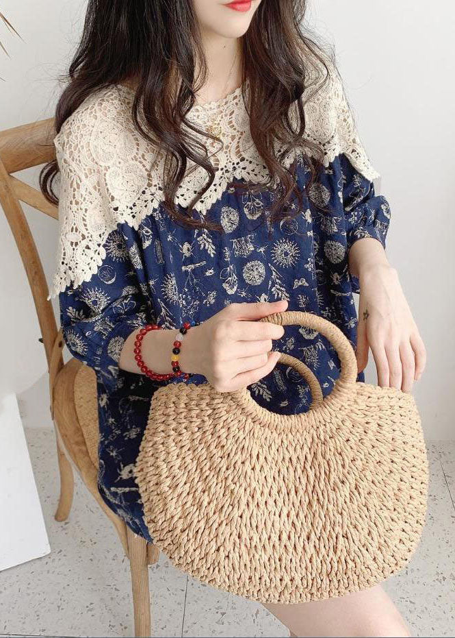 Cute Blue Oversized Lace Patchwork Hollow Out Print Cotton Shirt Tops Half Sleeve