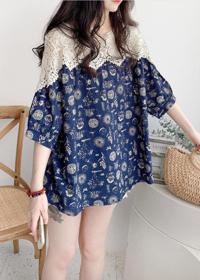 Cute Blue Oversized Lace Patchwork Hollow Out Print Cotton Shirt Tops Half Sleeve