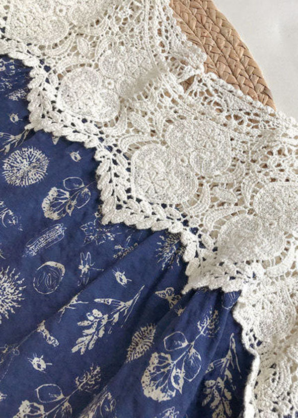 Cute Blue Oversized Lace Patchwork Hollow Out Print Cotton Shirt Tops Half Sleeve