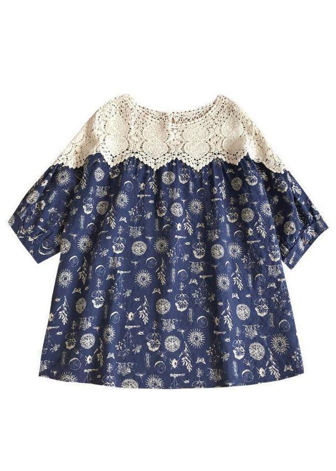 Cute Blue Oversized Lace Patchwork Hollow Out Print Cotton Shirt Tops Half Sleeve