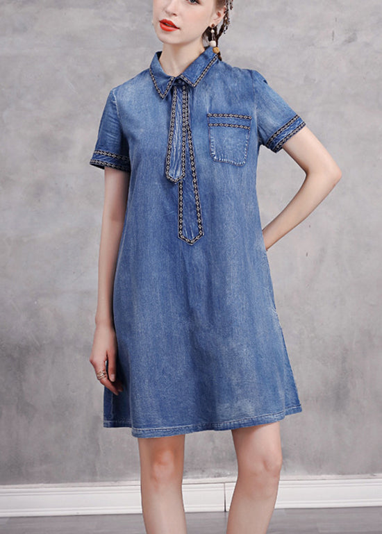 Cute Blue Peter Pan Collar Necktie Embroideried Cotton Denim Dresses Short Sleeve