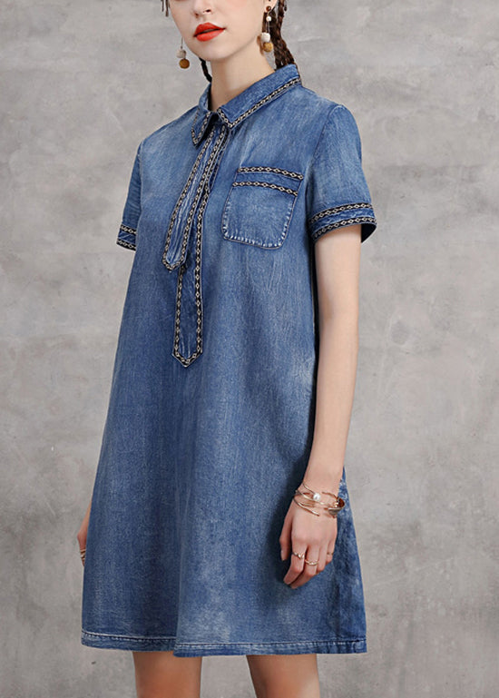 Cute Blue Peter Pan Collar Necktie Embroideried Cotton Denim Dresses Short Sleeve