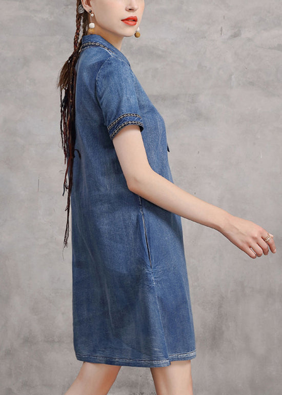 Cute Blue Peter Pan Collar Necktie Embroideried Cotton Denim Dresses Short Sleeve