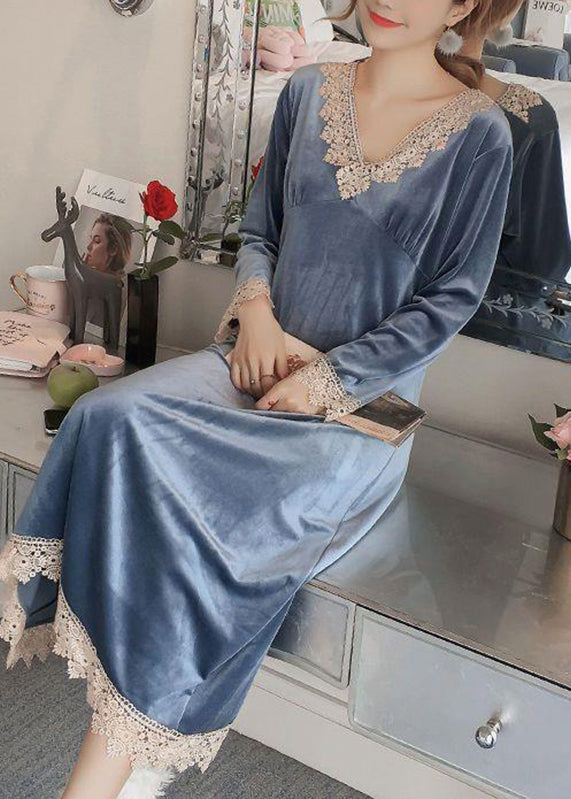 Cute Cemeo V Neck Lace Patchwork Silk Velour Dress Long Sleeve