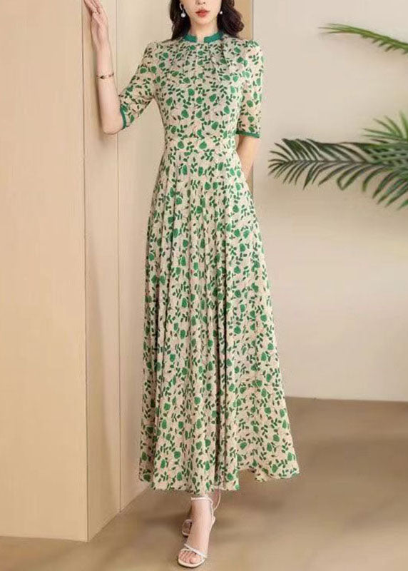 Cute Green O-Neck Print Wrinkled Chiffon Maxi Dresses Short Sleeve