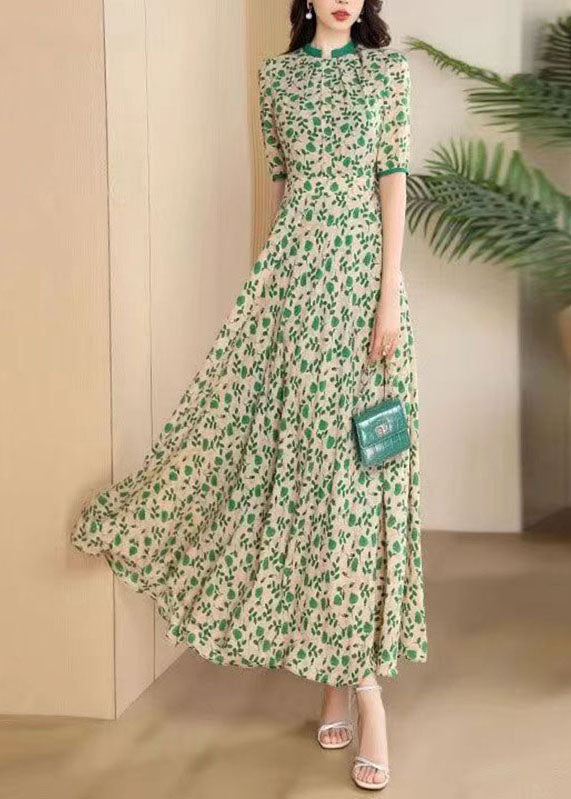 Cute Green O-Neck Print Wrinkled Chiffon Maxi Dresses Short Sleeve