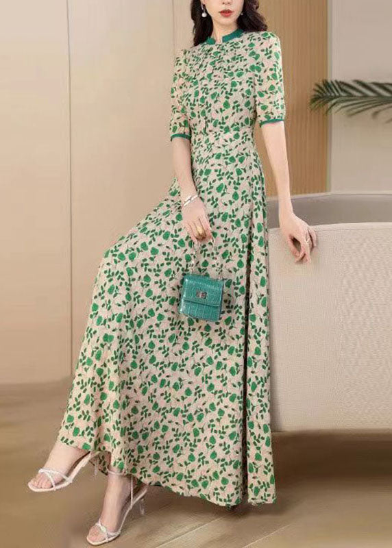Cute Green O-Neck Print Wrinkled Chiffon Maxi Dresses Short Sleeve