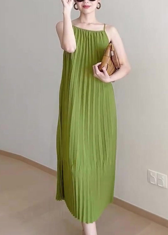 Cute Green Slash Neck Wrinkled Long Slip Dress Summer