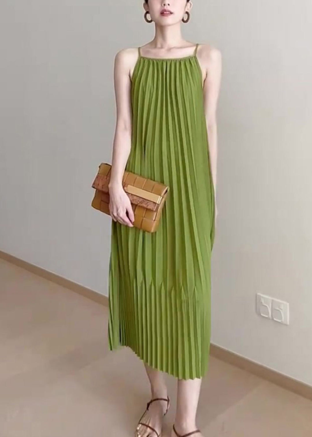 Cute Green Slash Neck Wrinkled Long Slip Dress Summer