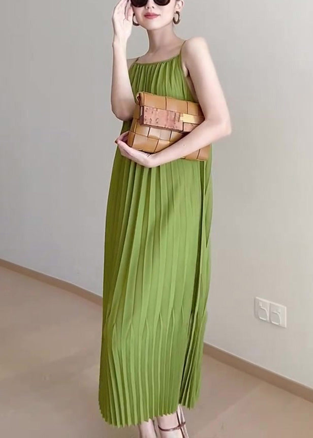 Cute Green Slash Neck Wrinkled Long Slip Dress Summer