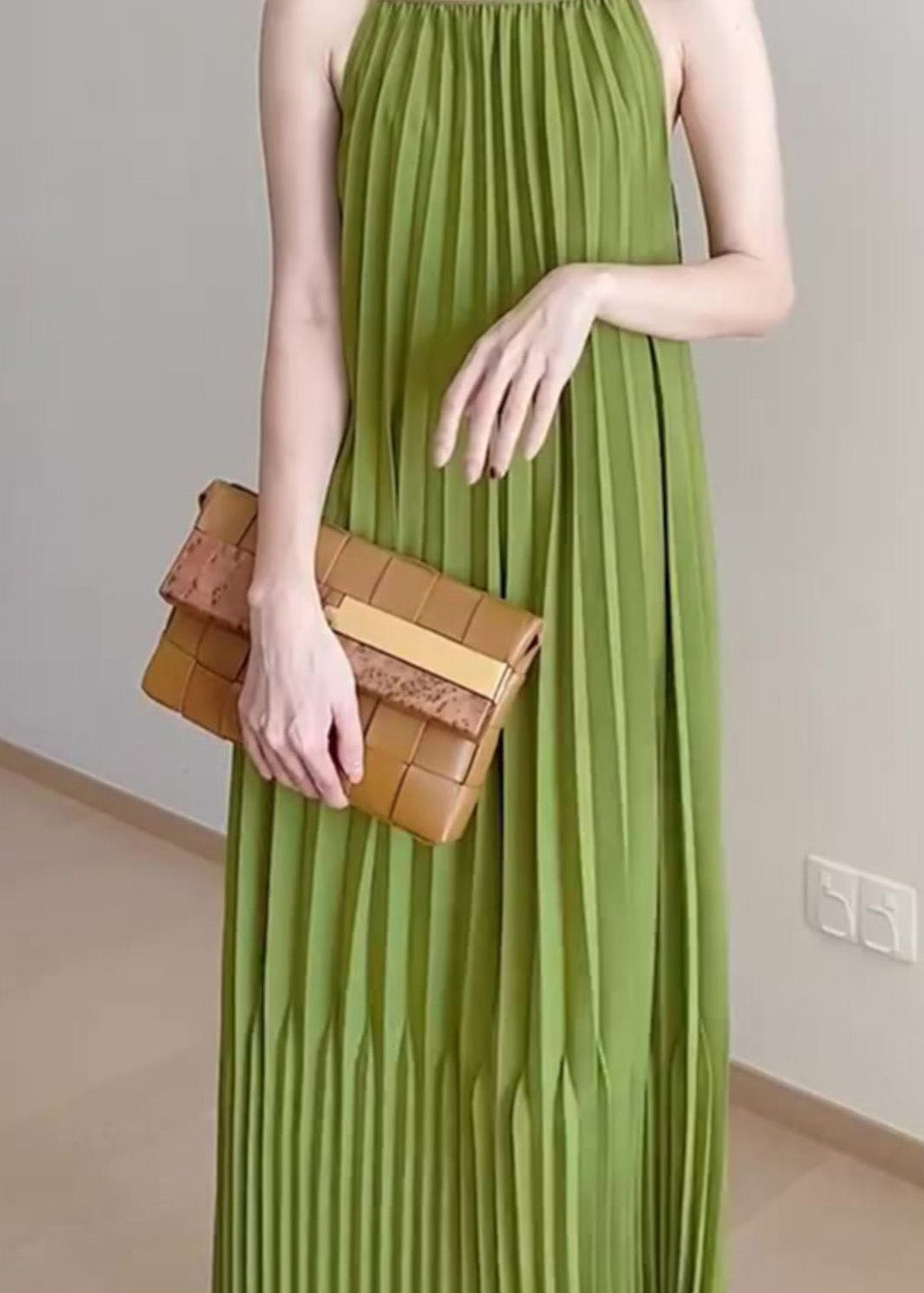 Cute Green Slash Neck Wrinkled Long Slip Dress Summer