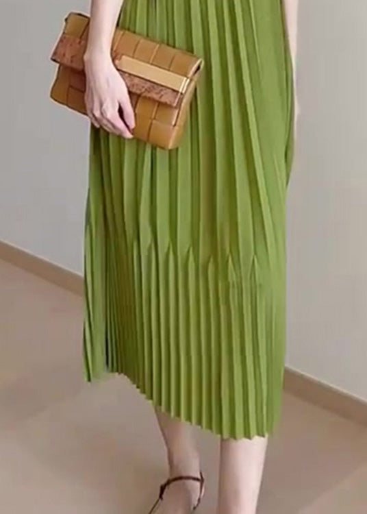 Cute Green Slash Neck Wrinkled Long Slip Dress Summer