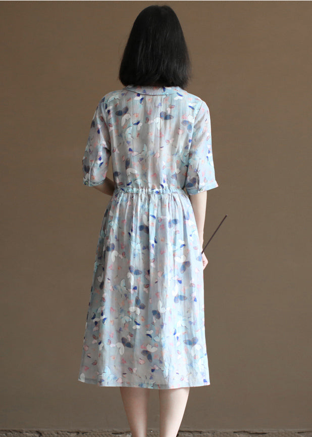 Cute Grey Blue Peter Pan Collar Tie Waist Floral Print Linen Vacation Dresses Half Sleeve