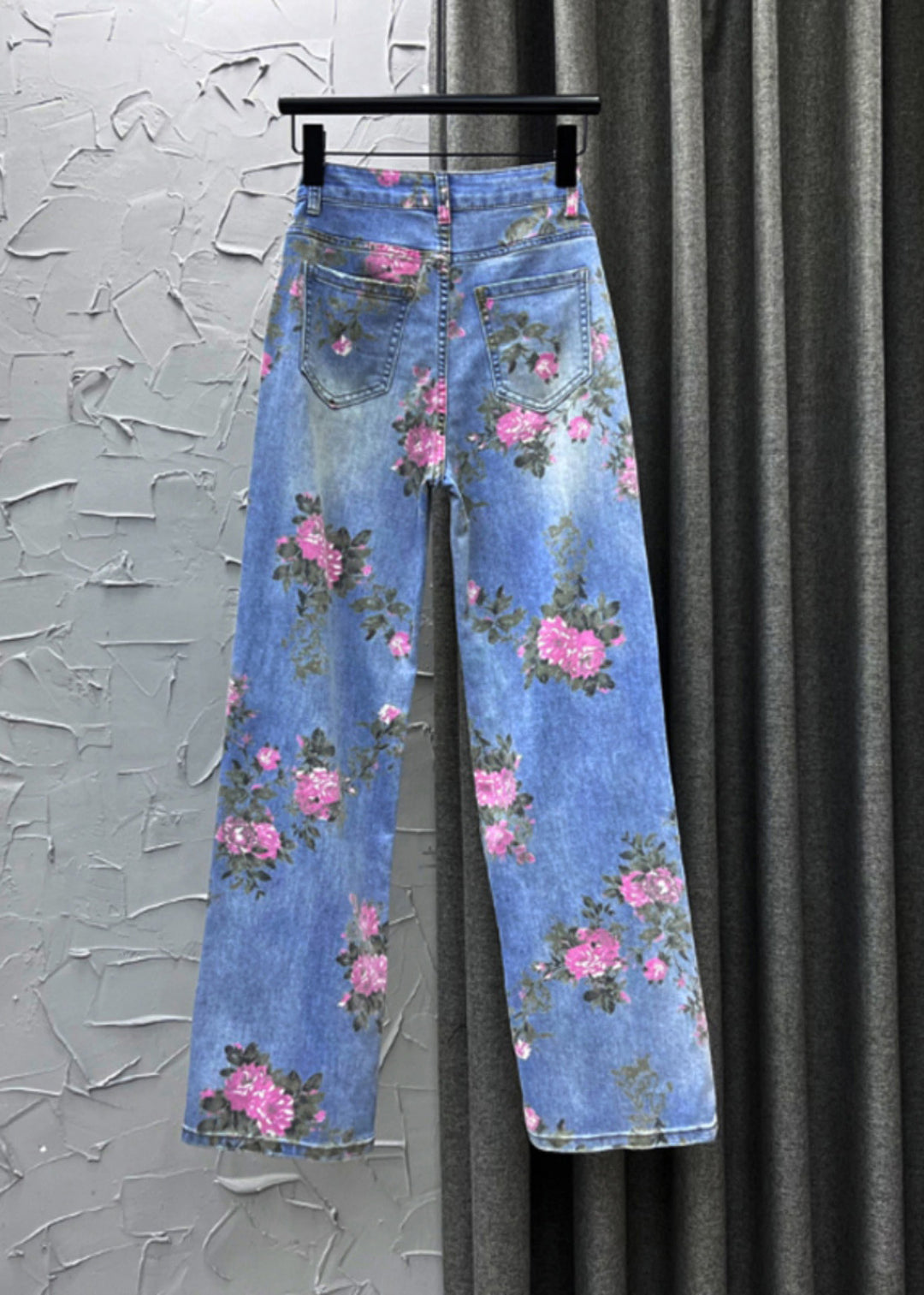Cute Light Blue Print High Waist Straight Jeans Summer