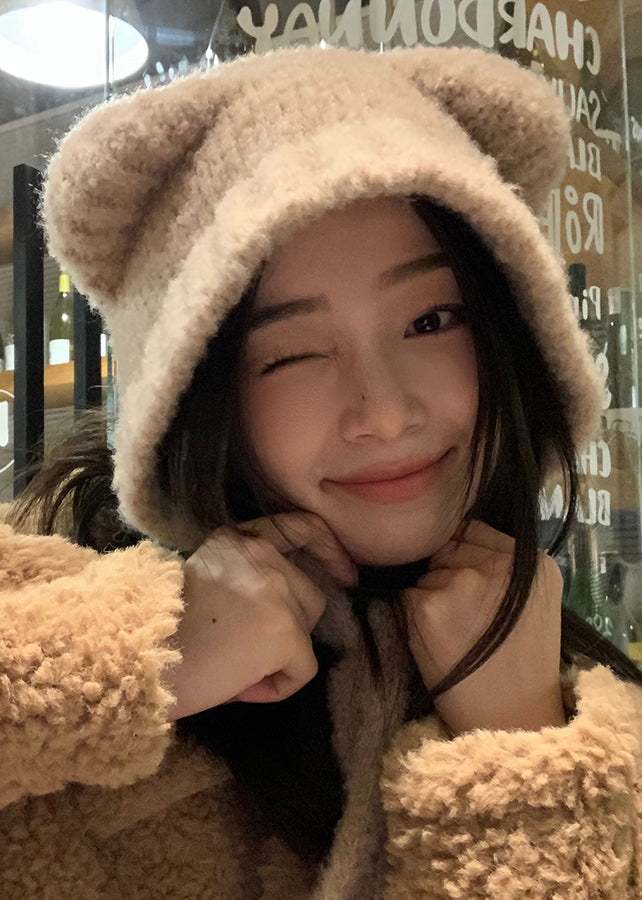 Cute Little Bear Beige Warm Ear Protection Knitted Woolen Hat