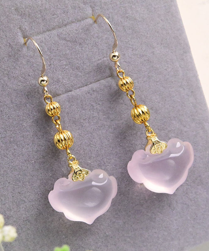 Cute Pink 14K Gold Crystal Ruyi Drop Earrings