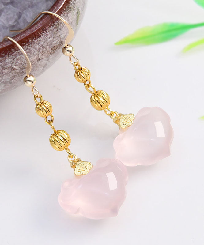 Cute Pink 14K Gold Crystal Ruyi Drop Earrings