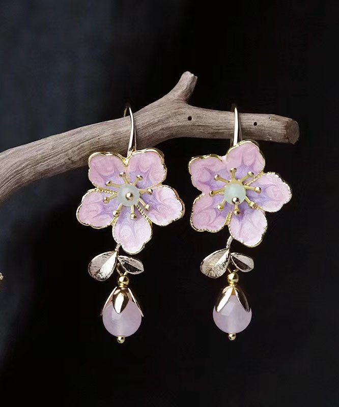 Cute Pink Alloy Inlaid Gem Stone Floral Oil Drip Drop Earrings
