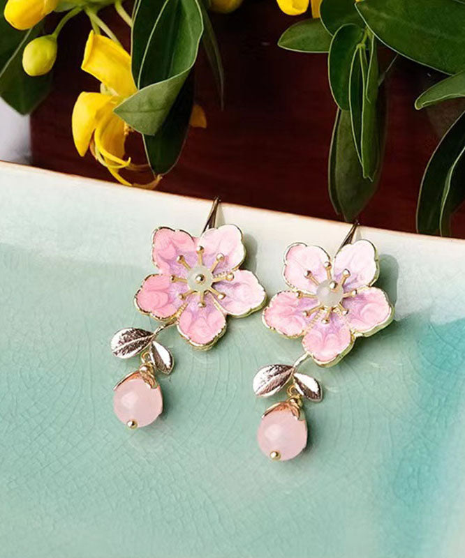 Cute Pink Alloy Inlaid Gem Stone Floral Oil Drip Drop Earrings