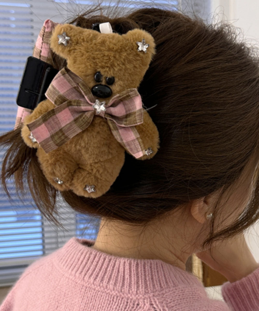 Cute Pink Coffee Plaid Little Bear Zircon Bow Shark Hairpin