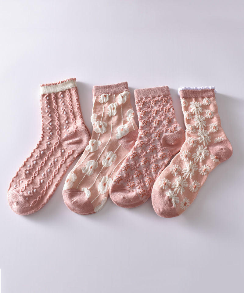 Cute Pink Floral Mid Calf Socks