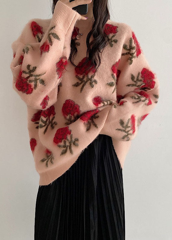 Cute Pink Floral Thick Ma Hai Mao Knit Sweaters Fall