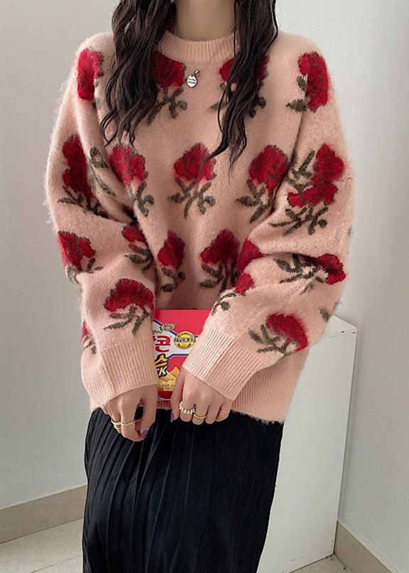 Cute Pink Floral Thick Ma Hai Mao Knit Sweaters Fall