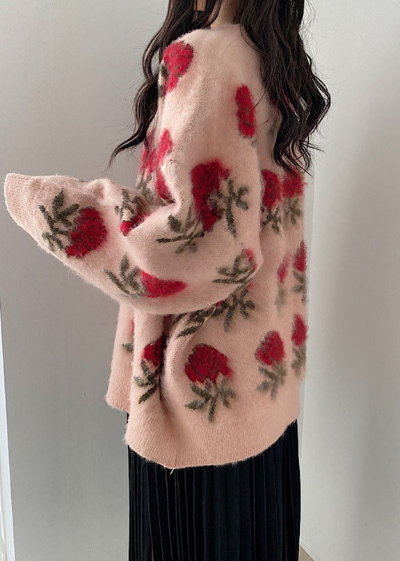 Cute Pink Floral Thick Ma Hai Mao Knit Sweaters Fall