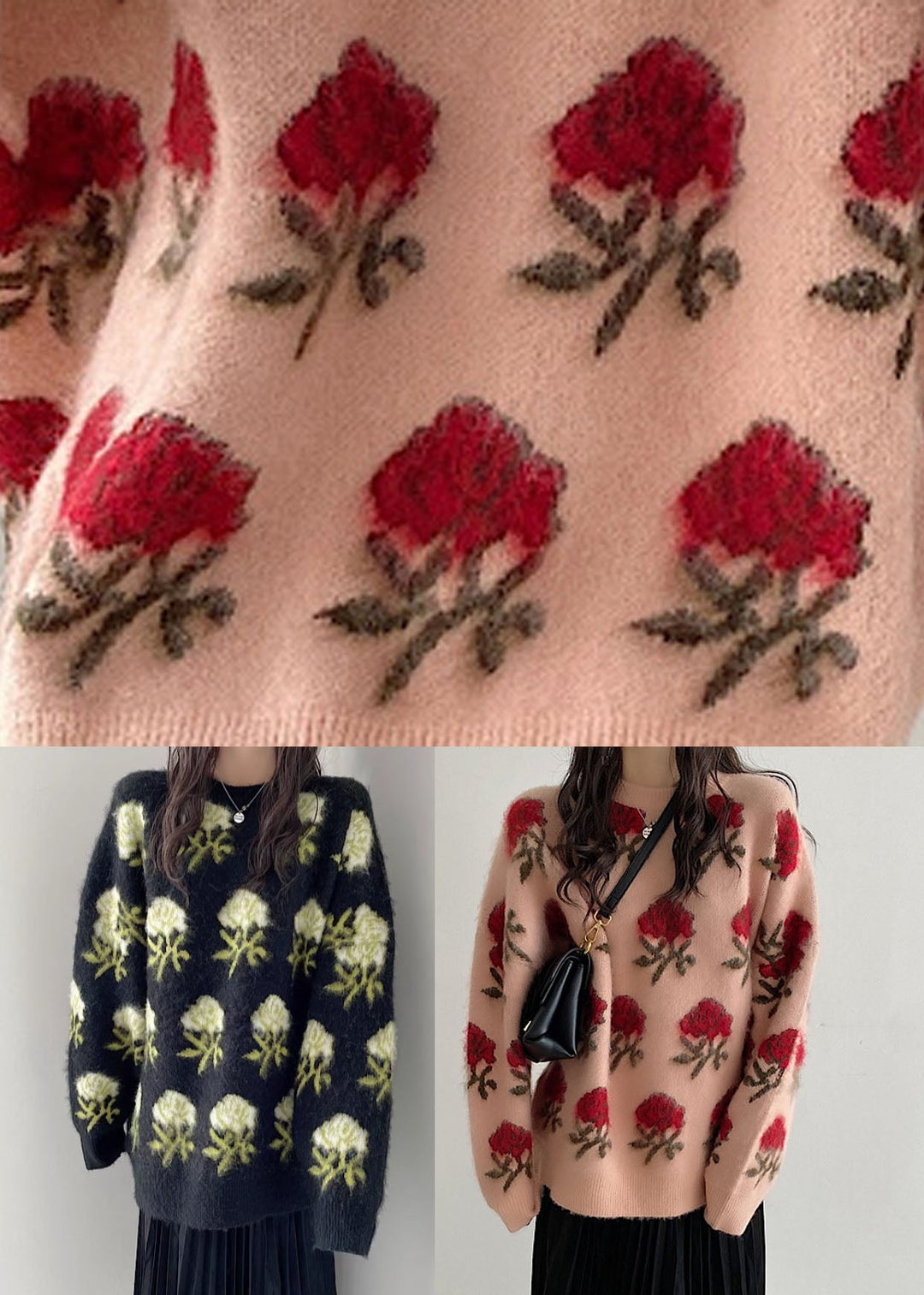 Cute Pink Floral Thick Ma Hai Mao Knit Sweaters Fall